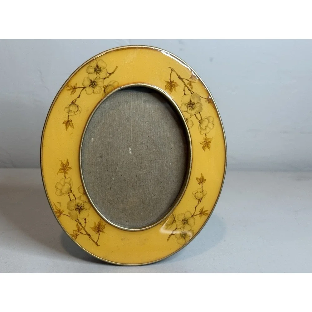Vintage Yellow Enamel Oval Floral Picture Frame Brass Metal Tabletop Photo Decor